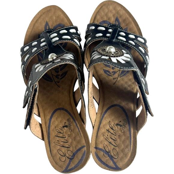 Elite by Corkys Scilly Leather Wedge Slide Sandals Black Floral Women's Size 11 - Picture 5 of 15
